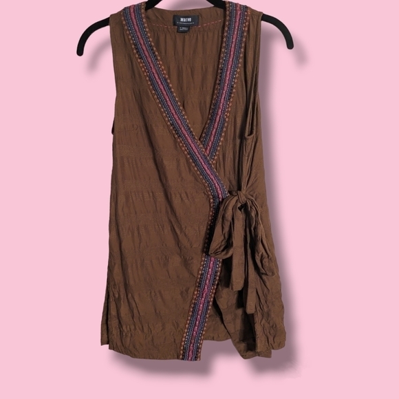 Anthropologie Maeve Brown Embroidered Liviana Wrap Top - Picture 1 of 9